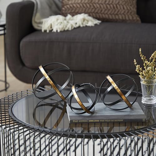 Hanwares Metal Geometric Decorative Sculpture Home Decor Statues with Gold Accents, Set of 3 Accent Figurines 6", 5", 4"H, Black