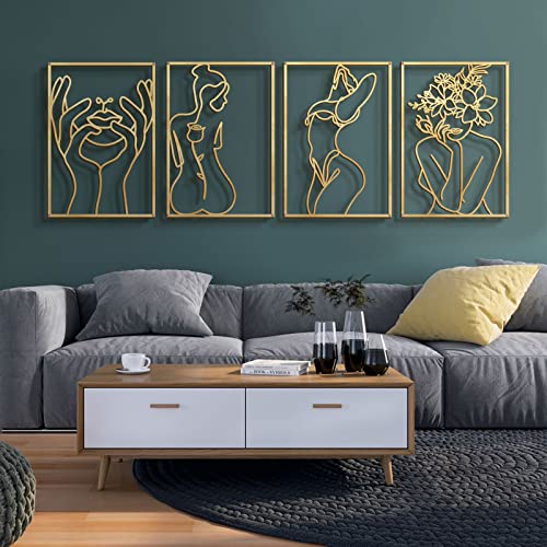 4 Pack Gold Wall Art Decor, Minimalist Single Line Real Metal Wall Art, Woman's Body Shape Abstract Wall Art (Gold Classic Style, 17 x 11.8'')