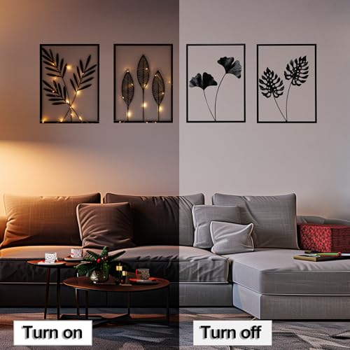Hanwares Black Metal Wall Decor Framed, 3d Modern Metal Wall Art with Light, Minimalist Abstract Black Line Art DéCor, 4 Piece Home Art for Living Room Bedroom Bathroom
