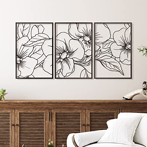Black Minimalist Floral Single Line Metal Wall Art Decor - 18"X12" 3 Packs Black Floral Abstract Minimalist Lines Wall signs for Hanging home wall decor