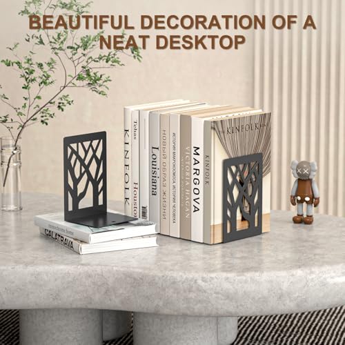 Modern Metal Bookends - Hanwares 4-Piece Modern Metal Bookends for Shelves, Black Tree Book Ends for Books, Decorative…