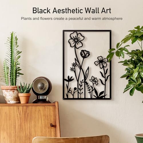 Hanwares Black Metal Flower Wall Decor, Minimalist Floral Botanical Wall Art, Abstract Line Boho Farmhouse Decor for Living Room, Bathroom, Bathroom, Office, Meaningful Gift (4 Pcs, 12x17 in)