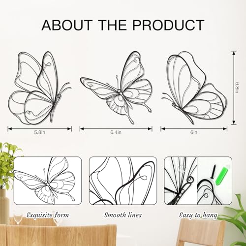 Hanwares Black Metal Butterfly Wall Decor Set, 3 Pcs Elegant Butterfly Wall Art, Stylish Black Metal Wall Art for Home Decor, Ideal Small Wall Decor for Living Room Bedroom Aesthetics (Elegant)