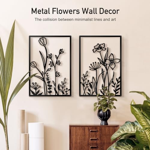 Hanwares Black Metal Flower Wall Decor, Minimalist Floral Botanical Wall Art, Abstract Line Boho Farmhouse Decor for Living Room, Bathroom, Bathroom, Office, Meaningful Gift (4 Pcs, 12x17 in)