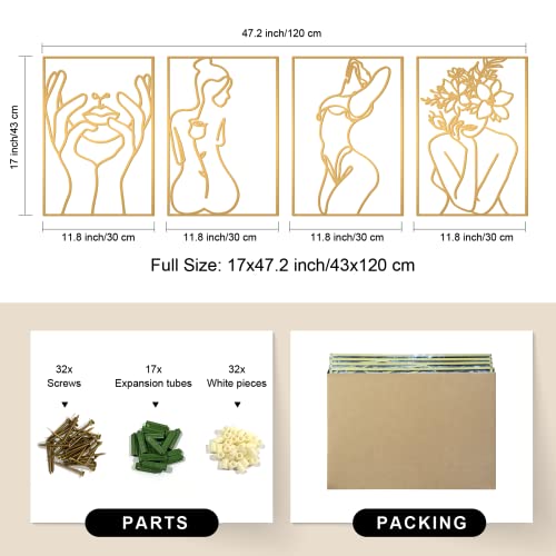 4 Pack Gold Wall Art Decor, Minimalist Single Line Real Metal Wall Art, Woman's Body Shape Abstract Wall Art (Gold Classic Style, 17 x 11.8'')