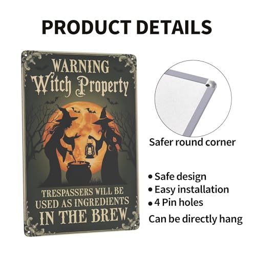 Metal Quote Wall Decor - 8x12 Inch Metal Sign Warning Witch Property Halloween Retro Farmhouse Wall Decor For…