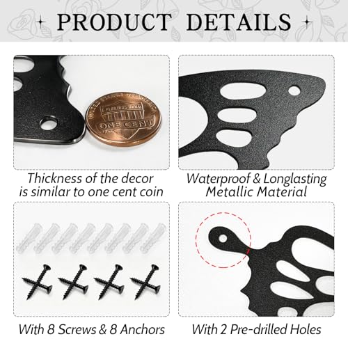 4 Pieces Metal Butterfly Wall Decor - Butterflies Metal Wall Art for Living Room Dining Room Bedroom Bathroom Kitchen | Black | Lightweight | Cute and Modern | Easy to Install