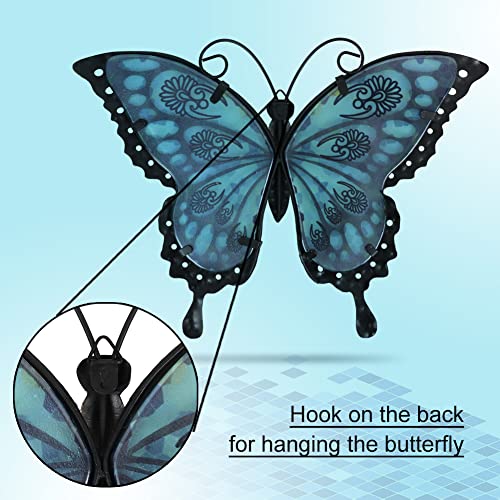 Hanwares Metal Butterfly Wall Decor,2Pack 12" Hanging Glass Butterfly Outdoor Decor,Garden Decorative Ornaments Outside for Home,Yard,Fence,Patio