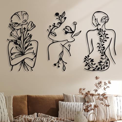Hanwares 3 Pcs Metal Wall Art Decor Minimalist Abstract Woman Wall Art Metal Modern Line Drawing Decor Female Single Line Home Hanging for Bedroom Bathroom Living Room Housewarming(Plant,Black)