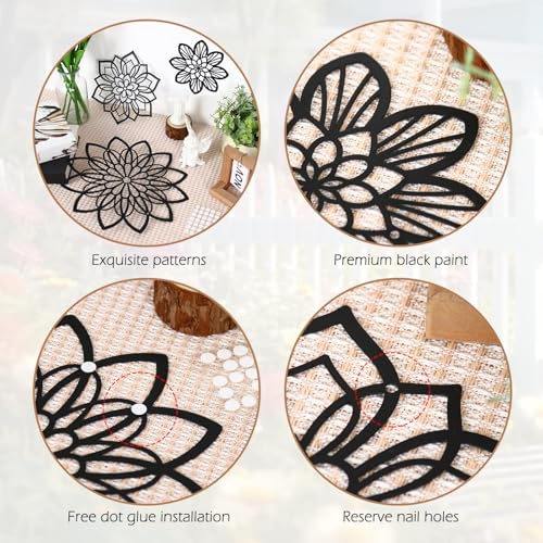 Hanwares 3 Pieces Metal Flowers Wall Decor, Black Wall Decors, Flower Art Wall Decor Farmhouse Wall Decoration Multiple Flowers Hanging Decor for Bathroom Living Room Garden Office (Black Elegant)