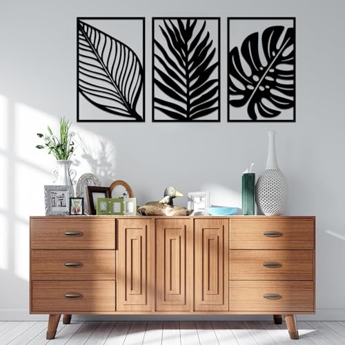Boho Metal Wall Art - Hanwares 3 Pcs Boho Metal Wall Art Decor Leaf Sign Wall Vintage Tropical Plant Wall Rustic Palm…