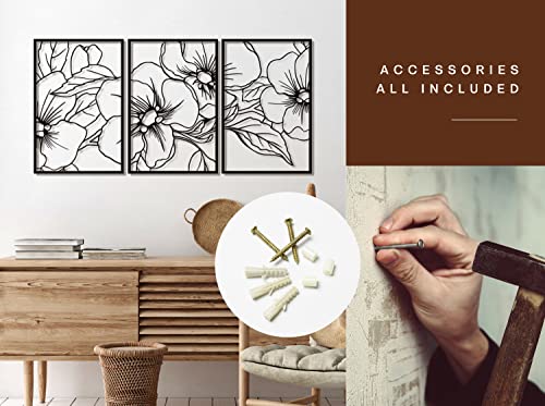 Black Minimalist Floral Single Line Metal Wall Art Decor - 18"X12" 3 Packs Black Floral Abstract Minimalist Lines Wall signs for Hanging home wall decor