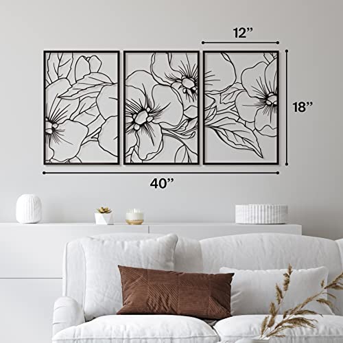 Black Minimalist Floral Single Line Metal Wall Art Decor - 18"X12" 3 Packs Black Floral Abstract Minimalist Lines Wall signs for Hanging home wall decor