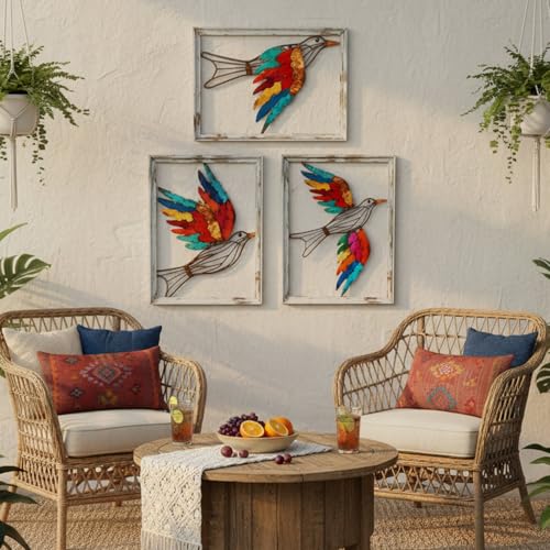 Boho Metal Wall Art - Hanwares Boho Metal Wall Art Birds,Wall Decor Colorful Bird 3 Pieces, Rustic Bird Wall…