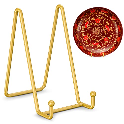 Hanwares Plate Stands for Display - 6 Inch Plate Holder Display Stand + Metal Frame Holder Stand for Picture, Decorative Plate, Photo Easel, Tabletop Art (Gold 2 Pack)