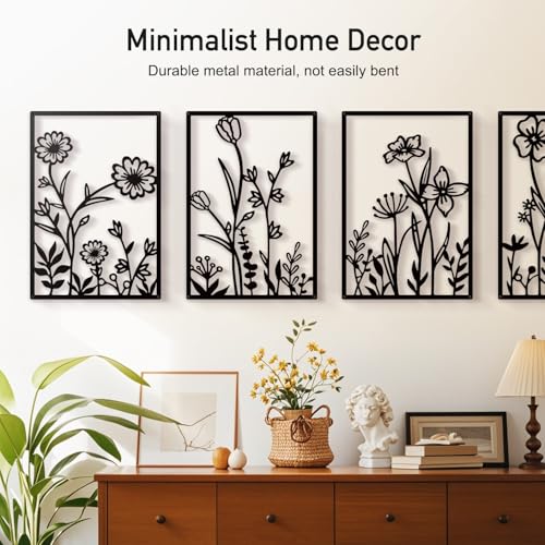 Hanwares Black Metal Flower Wall Decor, Minimalist Floral Botanical Wall Art, Abstract Line Boho Farmhouse Decor for Living Room, Bathroom, Bathroom, Office, Meaningful Gift (4 Pcs, 12x17 in)