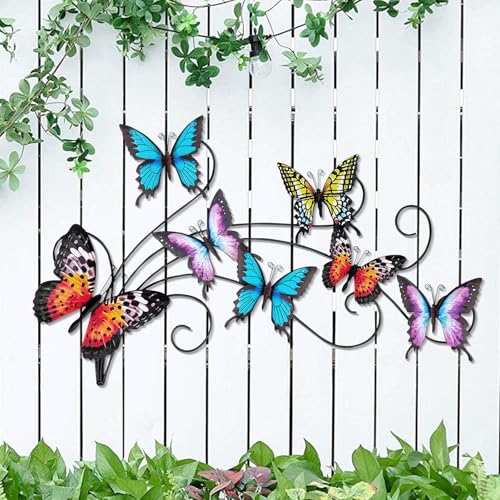 Hanwares Metal Butterflies Wall Decor Art, 22"×13.3", Indoor & Outdoor Decoration, 3D Colorful Hanging Butterfly Decorations for Patio Garden Fence Yard