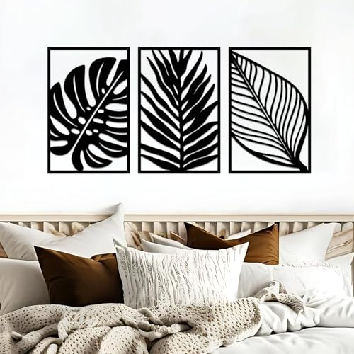 Boho Metal Wall Art - Hanwares 3 Pcs Boho Metal Wall Art Decor Leaf Sign Wall Vintage Tropical Plant Wall Rustic Palm…