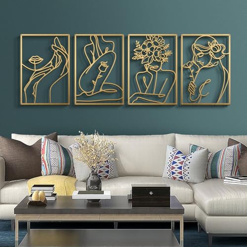 Gold Metal Wall Art - Hanwares Gold Metal Wall Art, Abstract Flower Line Sculpture, Gold Minimalist Modern Wall Decor…