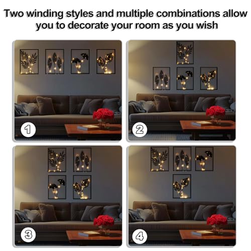 Hanwares Black Metal Wall Decor Framed, 3d Modern Metal Wall Art with Light, Minimalist Abstract Black Line Art DéCor, 4 Piece Home Art for Living Room Bedroom Bathroom