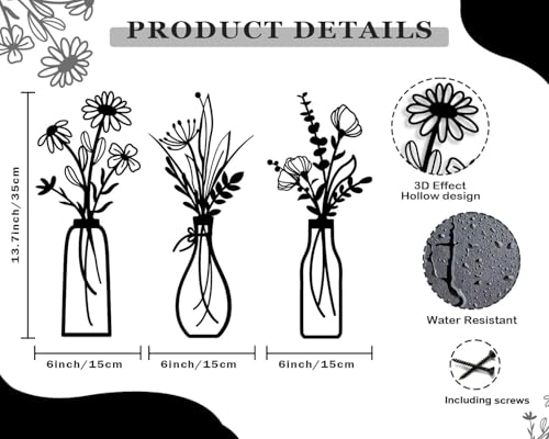 Hanwares 3 Pieces Metal Flowers Wall Arts - Rustic Farmhouse Decor Black Minimalist Flower Wall Decors for Living room Bathroom Bedroom Dining Room - Housewarming Gifts(Black, Vase-C)