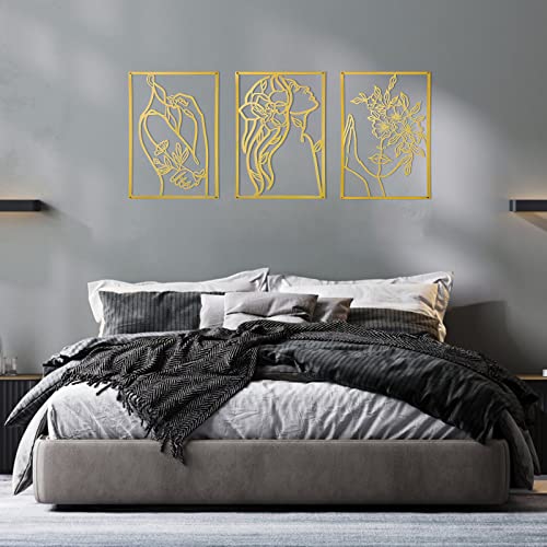 Hanwares 3 Pcs Gold Metal Wall Decor, Minimalist Floral Women Line Drawing Wall Art, Elegant Abstract Lady Silhouette Metal Wall Hanging for Home Bedroom Living Room