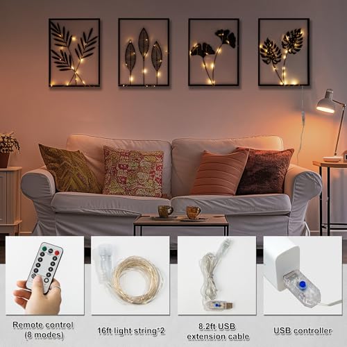 Hanwares Black Metal Wall Decor Framed, 3d Modern Metal Wall Art with Light, Minimalist Abstract Black Line Art DéCor, 4 Piece Home Art for Living Room Bedroom Bathroom