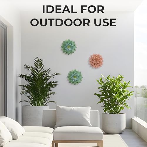 Hanwares Succulent Metal Flowers Wall Decor – Green, Hand Painted, 3D Flower Art Decoration for Living Room, Bedroom, Kitchen, Bathroom - Floral Decor for Indoor & Outdoor Use