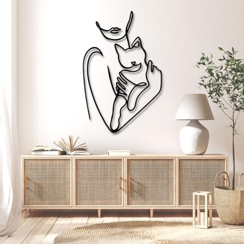 Cat Metal Wall Art - Metal Line Wall Art, Metal Women Line Art With Cat, Woman Holding Cat Metal Wall Art, Metal Line…