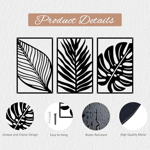 Boho Metal Wall Art - Hanwares 3 Pcs Boho Metal Wall Art Decor Leaf Sign Wall Vintage Tropical Plant Wall Rustic Palm…