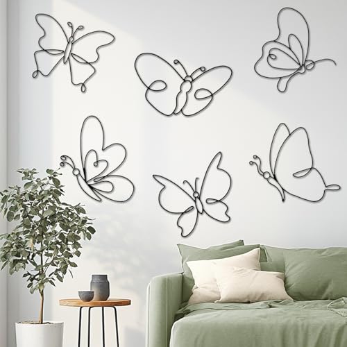 6 Pieces Metal Butterfly Wall Decor 8 Inch Black Butterfly Wall Art Different Shapes Hanging Decor Minimalist Wire Art for Kitchen, Bedroom, Outdoor