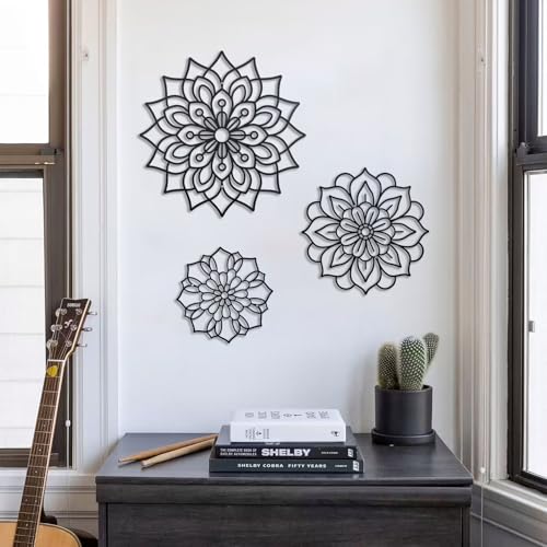 Hanwares 3 Pieces Metal Flowers Wall Decoration,Flower Art Wall Decor Farmhouse Wall Decor (Black style2)