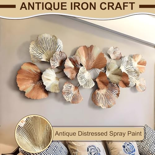 Gold Metal Wall Art - Hanwares Gold Metal Wall Decor 53" Large Metal Wall Art for Living Room | 3D Golden Ginkgo Leaves…
