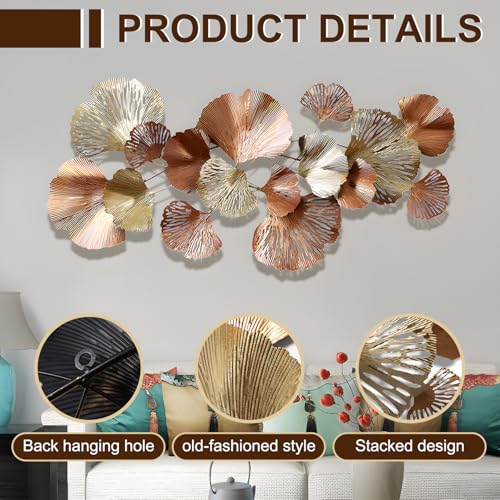 Gold Metal Wall Art - Hanwares Gold Metal Wall Decor 53" Large Metal Wall Art for Living Room | 3D Golden Ginkgo Leaves…