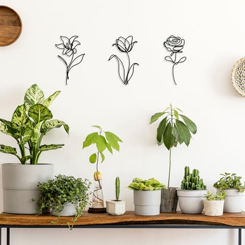 Hanwares Metal Flowers Wall Art Set of 3, Farmhouse Floral Home Decoration, Modern Line Art Flower Wall Decor for Living Room Bedroom Bathroom, Minimalist Botanical Wall Sculpture – Lily, Tulip, Rose