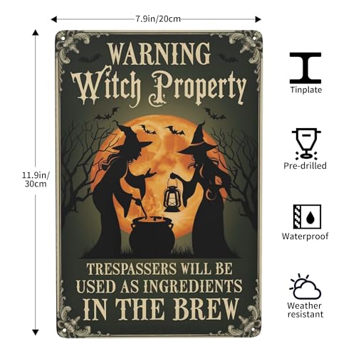 Metal Quote Wall Decor - 8x12 Inch Metal Sign Warning Witch Property Halloween Retro Farmhouse Wall Decor For…