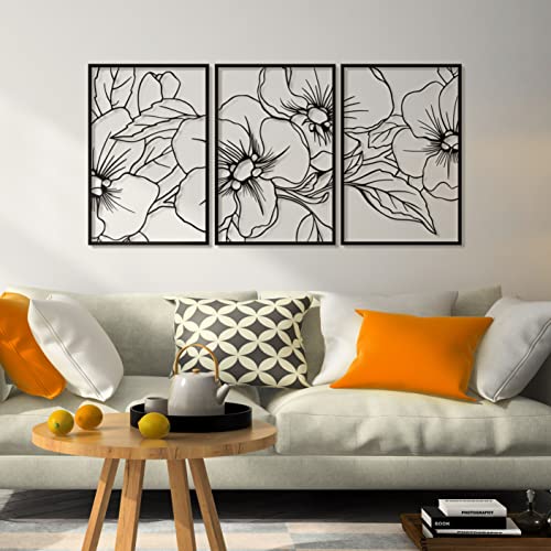 Black Minimalist Floral Single Line Metal Wall Art Decor - 18"X12" 3 Packs Black Floral Abstract Minimalist Lines Wall signs for Hanging home wall decor