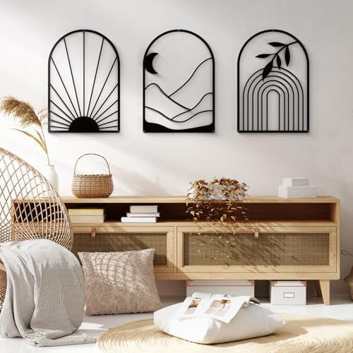 Boho Metal Wall Art - Hanwares Black Metal Boho Wall Decor, Modern Arch Sun and Mountain Wall Art, Bohemian Minimalist…