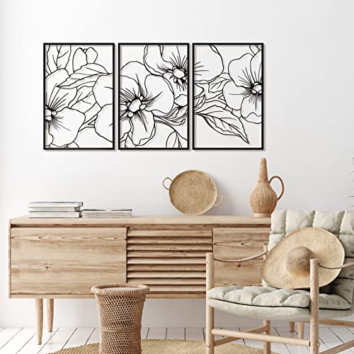 Black Minimalist Floral Single Line Metal Wall Art Decor - 18"X12" 3 Packs Black Floral Abstract Minimalist Lines Wall signs for Hanging home wall decor