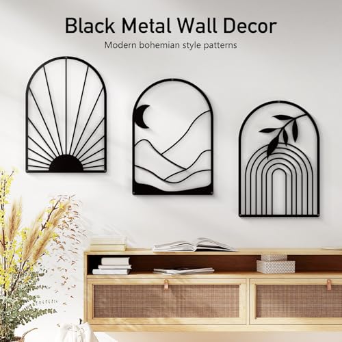Boho Metal Wall Art - Hanwares Black Metal Boho Wall Decor, Modern Arch Sun and Mountain Wall Art, Bohemian Minimalist…