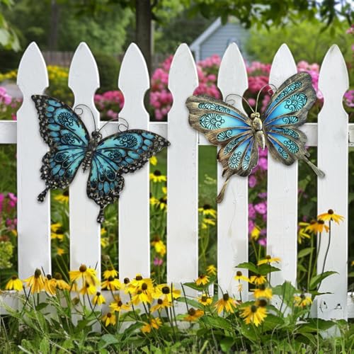 Hanwares Metal Butterfly Wall Decor,2Pack 12" Hanging Glass Butterfly Outdoor Decor,Garden Decorative Ornaments Outside for Home,Yard,Fence,Patio