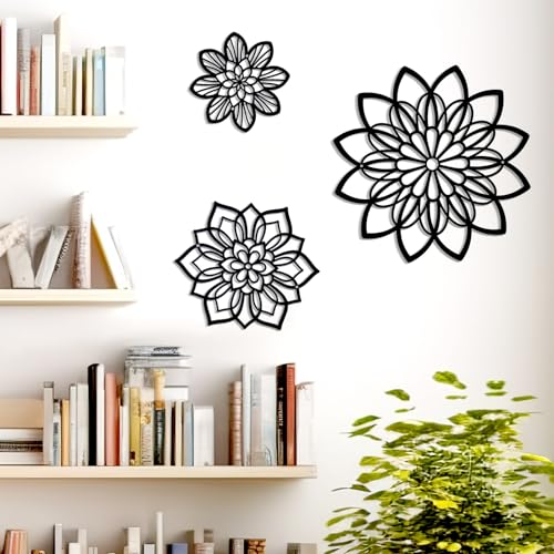 Hanwares 3 Pieces Metal Flowers Wall Decor, Black Wall Decors, Flower Art Wall Decor Farmhouse Wall Decoration Multiple Flowers Hanging Decor for Bathroom Living Room Garden Office (Black Elegant)
