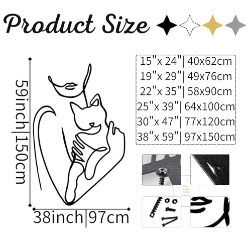 Cat Metal Wall Art - Metal Line Wall Art, Metal Women Line Art With Cat, Woman Holding Cat Metal Wall Art, Metal Line…
