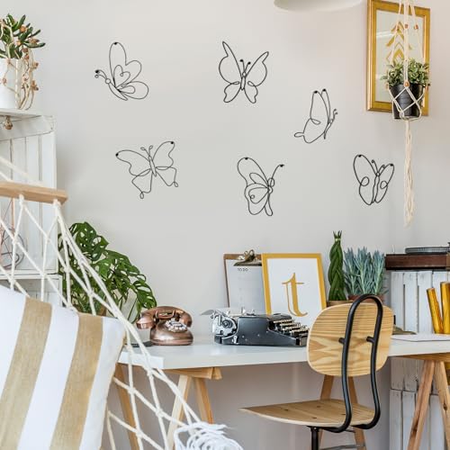 6 Pieces Metal Butterfly Wall Decor 8 Inch Black Butterfly Wall Art Different Shapes Hanging Decor Minimalist Wire Art for Kitchen, Bedroom, Outdoor