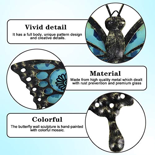 Hanwares Metal Butterfly Wall Decor,2Pack 12" Hanging Glass Butterfly Outdoor Decor,Garden Decorative Ornaments Outside for Home,Yard,Fence,Patio
