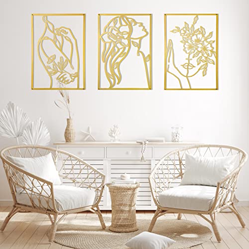Hanwares 3 Pcs Gold Metal Wall Decor, Minimalist Floral Women Line Drawing Wall Art, Elegant Abstract Lady Silhouette Metal Wall Hanging for Home Bedroom Living Room