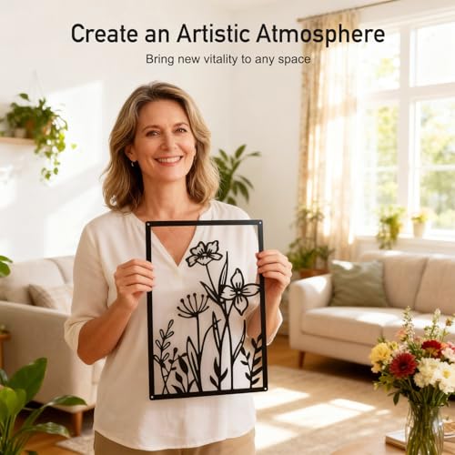 Hanwares Black Metal Flower Wall Decor, Minimalist Floral Botanical Wall Art, Abstract Line Boho Farmhouse Decor for Living Room, Bathroom, Bathroom, Office, Meaningful Gift (4 Pcs, 12x17 in)
