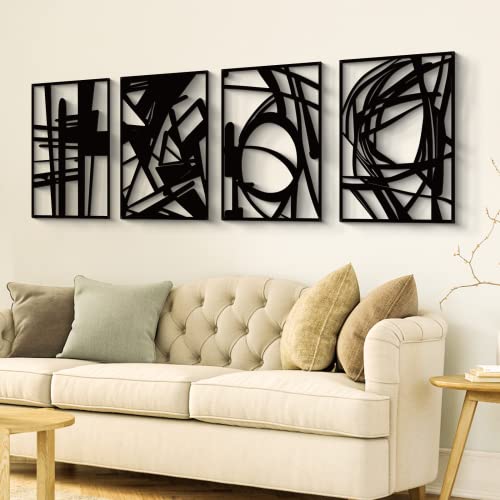 4 Pack Black Abstract Metal Wall Art, Minimalist Décor Single Line Art Wall Décor, 3D Textured Metal Wall Sculptures, for Living Room Bedroom Bathroom Study Room (Black Abstract, M Size 16 x 11'')