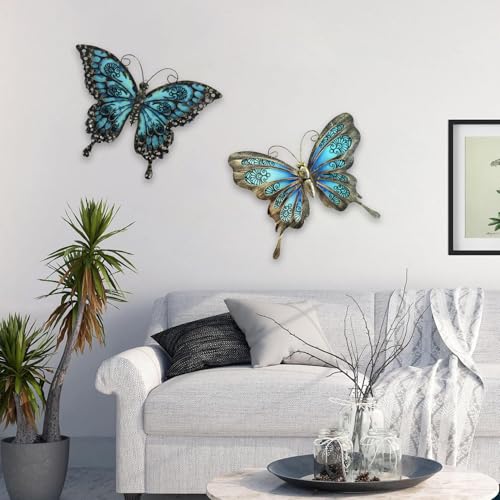 Hanwares Metal Butterfly Wall Decor,2Pack 12" Hanging Glass Butterfly Outdoor Decor,Garden Decorative Ornaments Outside for Home,Yard,Fence,Patio