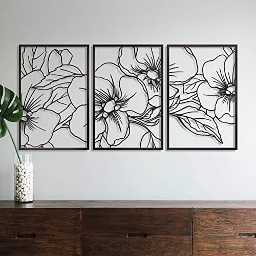 Black Minimalist Floral Single Line Metal Wall Art Decor - 18"X12" 3 Packs Black Floral Abstract Minimalist Lines Wall signs for Hanging home wall decor